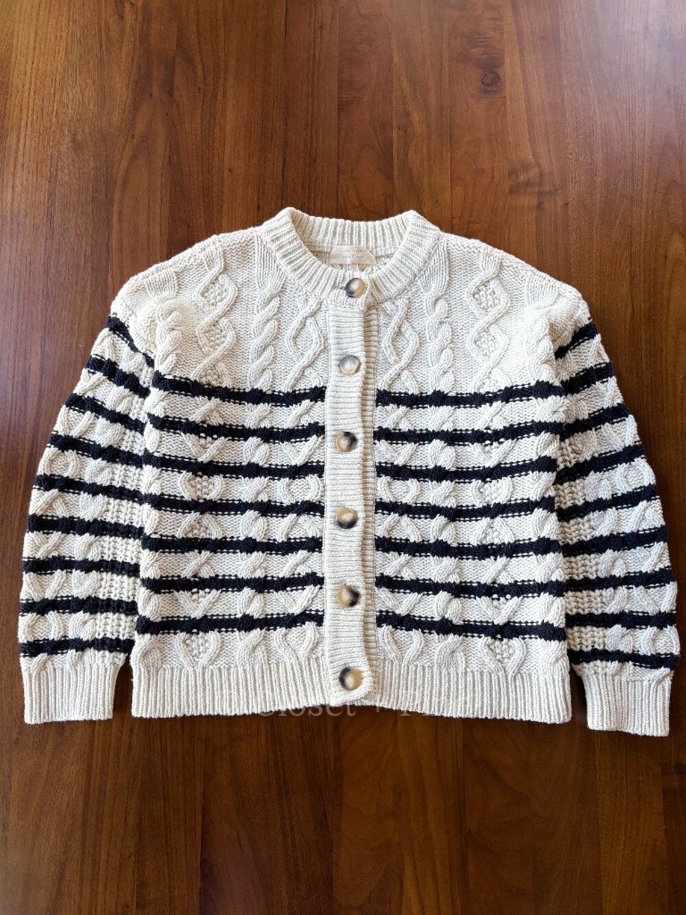 Sezane Sean‎ Cardigan Navy Ecru Striped Size Small Cotton Wool Cable Knit - Picture 3 of 16
